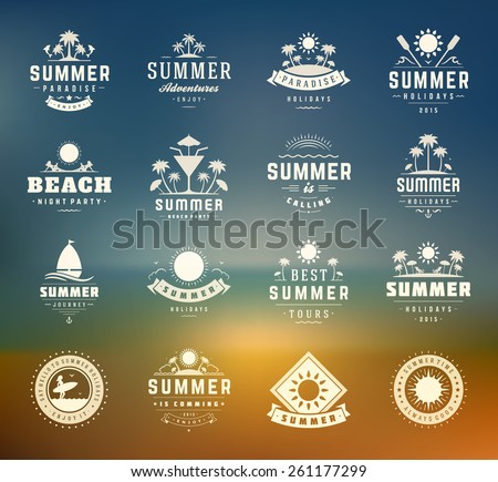 Summer holidays design elements and typography set. Retro and vintage templates. Labels, Badges, Posters, T-shirts, Apparel. Vector set. Beach vacation, party, travel, tropical paradise, adventure.
