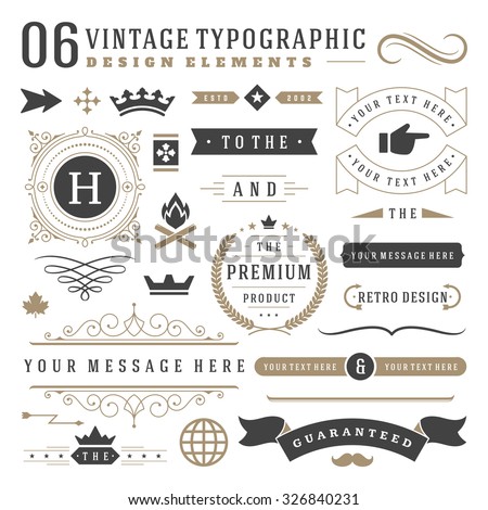 Retro vintage typographic design elements. Arrows, labels, ribbons, logos symbols, crowns, calligraphy swirls, ornaments and other.