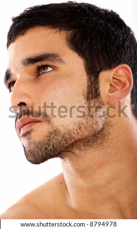 fashion male portrait looking away deep in thought - isolated over a white background