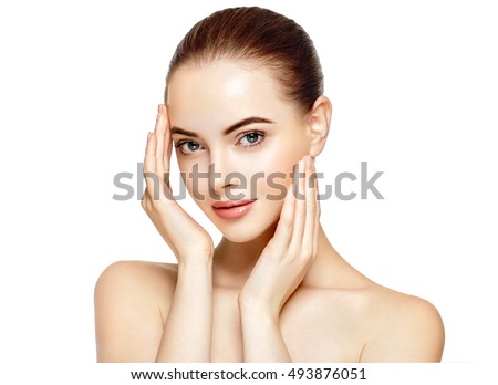 Beautiful Woman Face Portrait Beauty Skin Care Concept. Fashion Beauty Model isolated on white