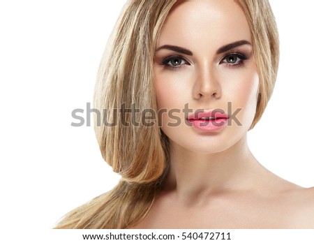 Beauty Woman face Portrait Beautiful Spa model Girl with Perfect Fresh Clean Skin. Blonde model looking camera smiling nude makeup Youth and Skin Care Concept. Isolated on a white background