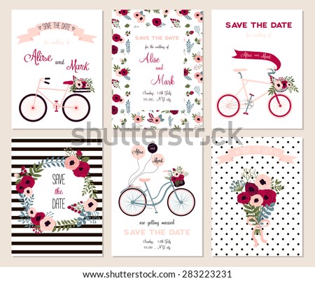 Collection of 6 cute card templates. Wedding, marriage, save the date, baby shower, bridal, birthday, Valentine's day. Stylish simple design. Vector illustration.