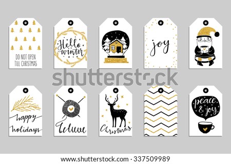 Collection of ten gold texture Christmas and New Year cute ready-to-use gift tags. Set of 10 printable hand drawn holiday label in black white and gold. Vector seasonal badge design