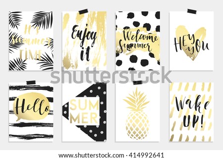 Summer hand drawn calligraphyc card set. Vector collection of black, white, gold colored summer cards. Beautiful summer posters with pineapple, banana, palm leaves and hand written text. Journal cards