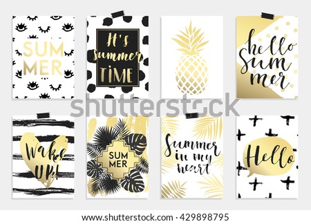 Summer hand drawn calligraphyc card set. Vector collection of black, white, gold colored summer cards. Beautiful summer posters with pineapple, palm leaves and hand written text. Journal cards