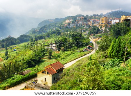 Bending road in Sapa town at highlands of Lao Cai Province, Vietnam. Sa Pa is a popular tourist destination of Asia.