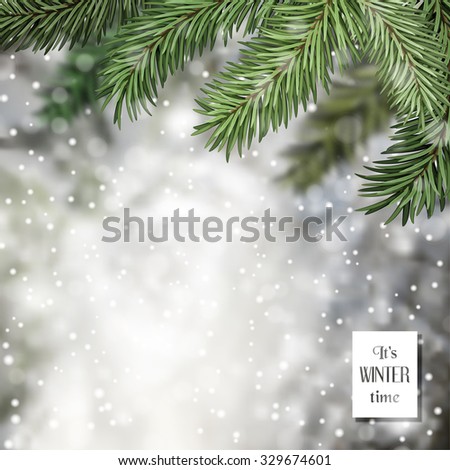 Vector illustration. Winter composition with snow background, snowfall and fir tree.