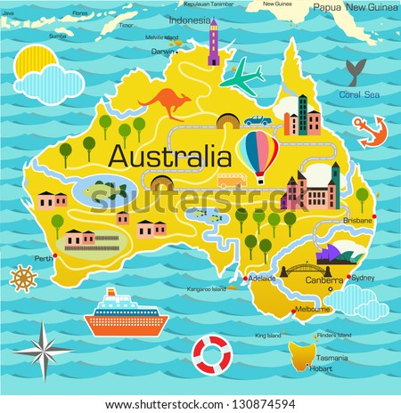 Cartoon Map Australia Stock Vector 130874594 - Shutterstock