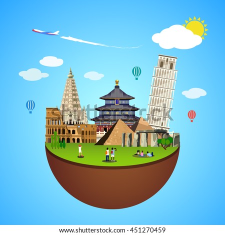 World landmarks concept. Vector illustration for travel design. Famous ancient symbol icon. Tourism city place culture architecture. Italy, Chine, USA, Egypt, Mexico, Asia. Cartoon trip tour monument.