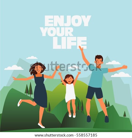 Happy family jumping on mountain landscape background. Father, mother and daughter. Travel, vacation, holidays and adventure vector concept illustration. Poster design style