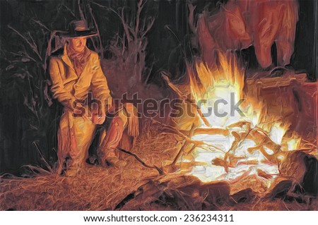 Oil painting of American cowboy at campfire - stock photo