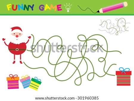 Cartoon Vector Illustration of Education Paths
or Maze Game for Preschool Children with Children and Present ,Santa Claus and gifts