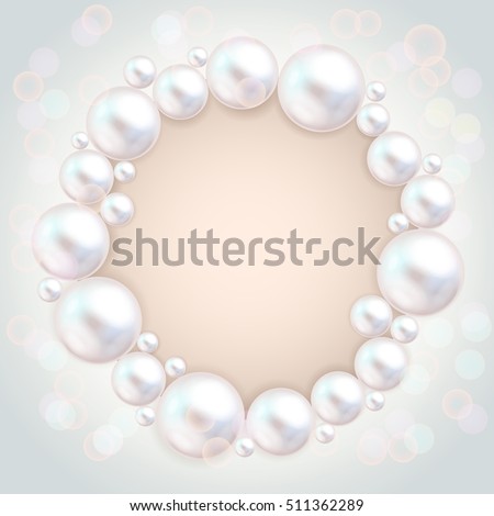 Pearl beads frame on grey background. Jewellery bracelet, necklace . Wedding invitation white pearls background. Vector illustration