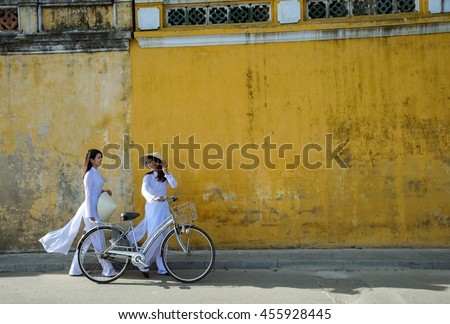 Beautiful woman with Vietnam culture traditional ,vintage style,Hoi-an Vietnam