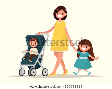 Motherhood. Happy young mother with her daughter and a toddler in a pram. Vector illustration