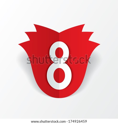 8 march red paper rose Women's Day card on white background. Cut from paper. Vector illustration