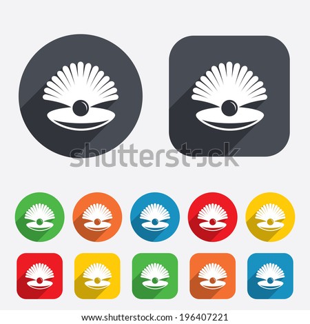 Sea shell with pearl sign icon. Conch symbol. Travel icon. Circles and rounded squares 12 buttons. Vector