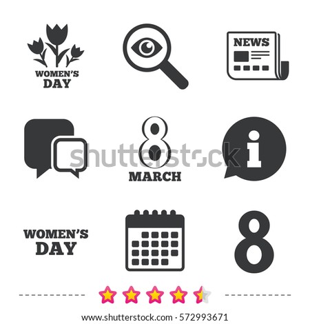 8 March Women's Day icons. Tulips or rose flowers bouquet sign symbols. Newspaper, information and calendar icons. Investigate magnifier, chat symbol. Vector