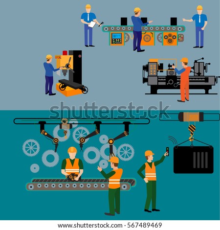 Process Working People Metalcutting Machineslinear Flat Stock Vector ...