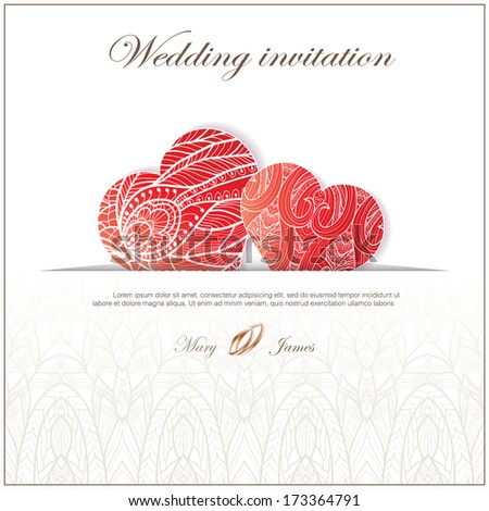 Wedding invitation decorated with red lace hearts