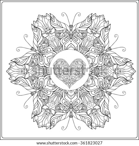 Hand Drawn Floral Mandala With Butterflies And Decorative Love Heart For Valentines Day Vector Illustration