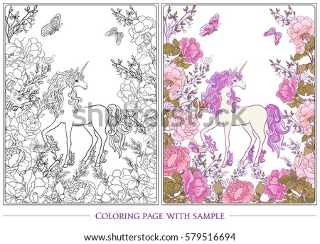 Poster Unicorn  Bouquet Roses Butterflies  On Stock Vector 