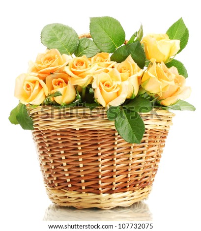 beautiful bouquet of roses in basket isolated on white - stock photo