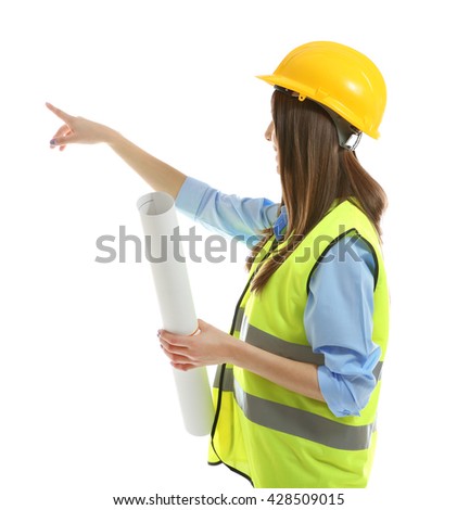 Female engineer in vest and helmet holding rolled blueprint isolated on white