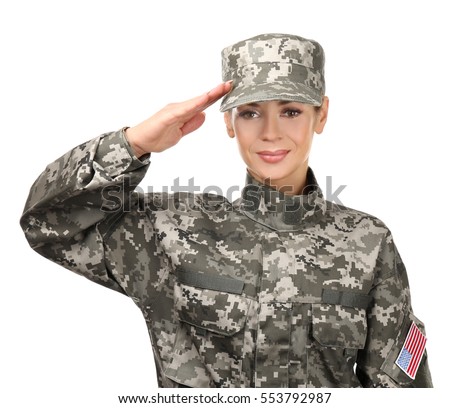 Female Soldier Saluting On White Background Female Soldier Saluting On White Background