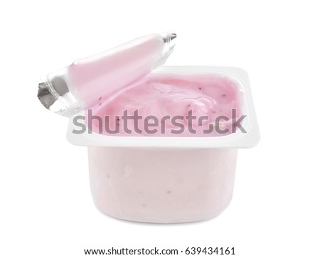 Plastic cup with yogurt on white background