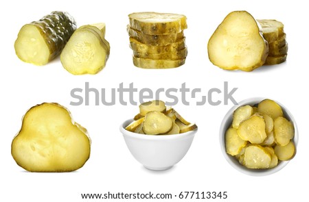 Collage of pickled cucumbers on white background