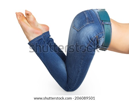Close up of woman legs with jeans and barefoot isolated on a white ...
