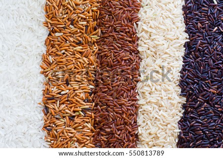 Jasmine rice, Brown rice, Red rice,Black rice, Mixed rice and Riceberry texture for background