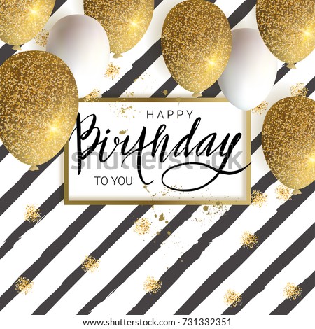 Happy Birthday DesignWhite And Golden Glitter Balloons Calligraphy Inscription Vector Illustration