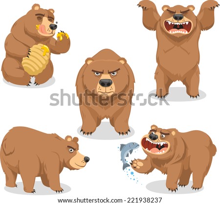 Grizzly Brown Bear vector illustration, with bear in five different situations like eating honey, standing roaring, four leg standing, side view and eating fish.