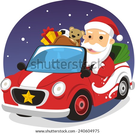 Santa Claus driving sports car delivering presents, vector illustration cartoon.