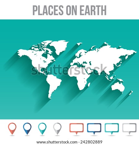 Map Of The World Flat World Map with Pins, Flat Design Vector Illustration