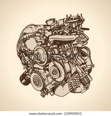 Old internal combustion engine, drawing. Vector - stock vector