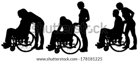 Silhouettes Man Wheelchair Woman Pushing Him Stock Vector 52610533 ...