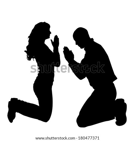 Vector silhouette of people who pray on a white background. - stock vector