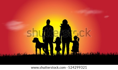 Vector silhouette of a family at sunset.