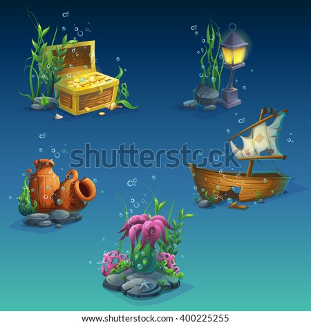 Set of underwater objects. Seaweeds, bubbles, a chest of coins, wealth, old broken amphora, stones, sunken boat, lantern. For web design, print, cards, video games, posters, magazines, newspapers.