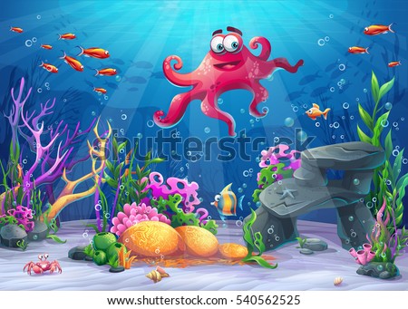 Beautiful octopus, coral and colorful reefs and algae on sand. Vector illustration of sea landscape.