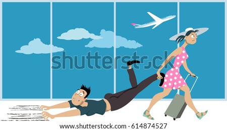 Mulher arrastando um homem que é afetado pelo medo de voar através de um aeroporto, ilustração vetorial EPS 8