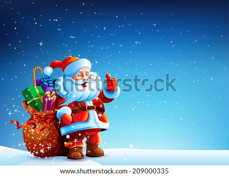 Santa Claus standing in the snow with a bag of gifts and showing thumb up.