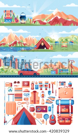 Stock vector illustration set of day landscape, mountains, sunrise, travel, hiking, nature, tent, campfire, pot, big tourist backpack, camping, car, city daylife, bench, luggage, tour in flat style