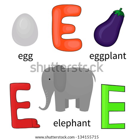 cartoon alphabet for children, letter e and objects isolated on white ...