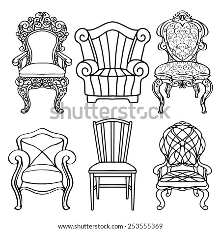 Vintage furniture set, chair, armchair, throne closeup, black lines ...