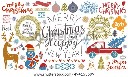 Christmas, New Year icons. Merry Christmas, Merry Christmas and Happy New Year, handwritten. Tree, ball, snowflake, bell, wreath, reindeer, ribbon, flag, snowman, car, wine glass