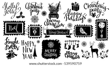 Christmas and New year hand drawn, scrapbooking design elements, icons set isolated on white background. Hand written font, lettering. Vector design